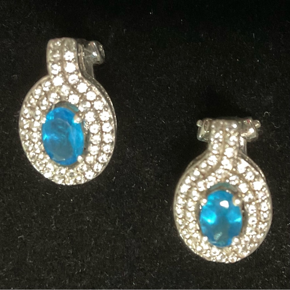Turquoise Blue Oval Earrings with Sparkling Halo and Silver Setting “925”